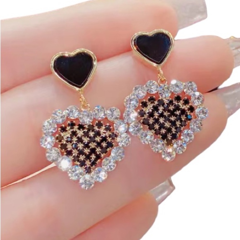 Diamond & Black Enamel & Crystal Heart Stud Earrings - Picture 3 of 3